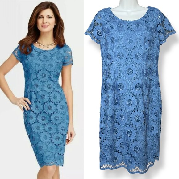 Talbots Dress Sunflower Lace Sheath Short Sleeve Cornflower Blue Size 6 Feminine - Picture 13 of 14